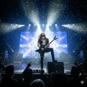 A guitarist playing a Dean Cadillac guitar during a live rock concert.