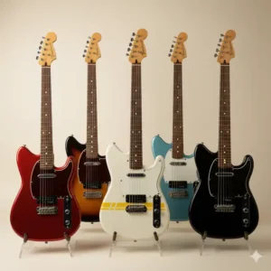 A collection of Fender Bronco guitars in different colors, illustrating the various finishes available for this classic model.