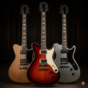 A collection of three Gibson Moderne guitars in different finishes, arranged together for a striking visual.