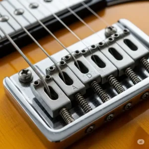 A detailed shot of the bridge and compensated saddle of a left-handed acoustic guitar, emphasizing the reversed angle to accommodate the left-hand string setup.
