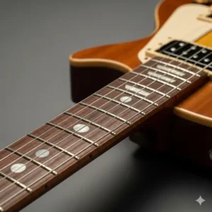 A side-angle shot of the rosewood fretboard of a Les Paul Jr guitar, highlighting the simple dot inlays.