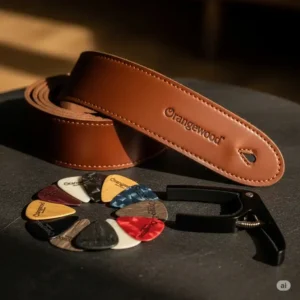 A promotional shot of the Orangewood guitar accessory bundle, including a variety of picks, a strap, and a capo.
