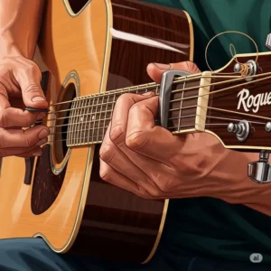 An illustration of a person's hands strumming a rogue acoustic guitar, representing the experience of playing the instrument.