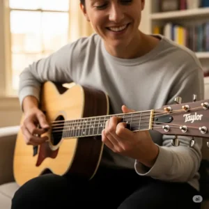 A person happily playing the Taylor 110e, showing the guitar in use and highlighting its comfortable playability.