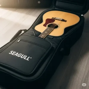 A Seagull acoustic guitar safely stored in its padded gig bag, ready for transport or travel.