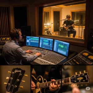 A studio engineer records a professional session with a musician using a premium lp custom guitar, highlighting its rich, powerful tone.