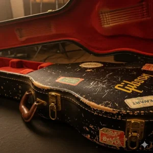 A vintage Gibson Les Paul case with a worn, classic look, highlighting its long-lasting quality.