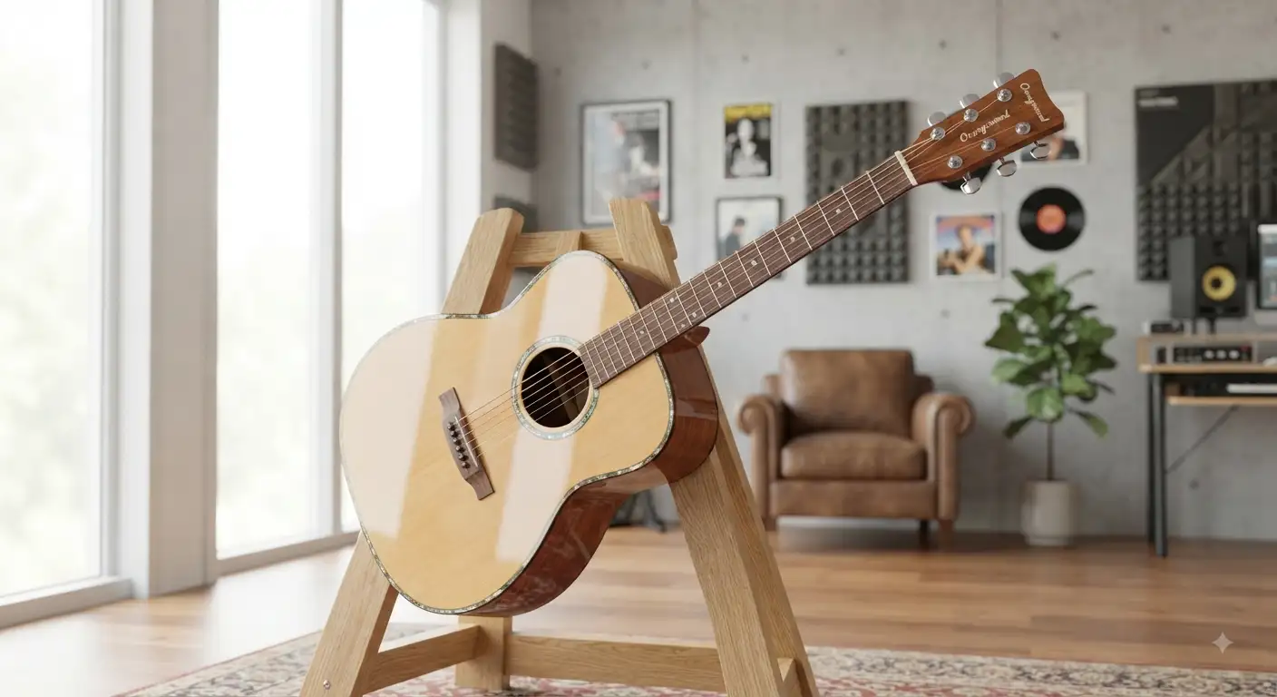 An Orangewood acoustic guitar displayed on a wooden stand in a bright, modern studio.