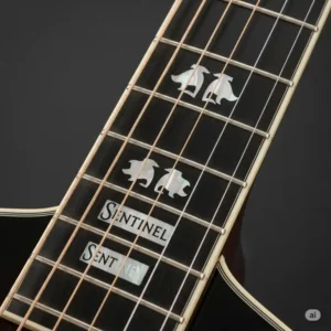The ebony fretboard of a taylor 224 guitar, featuring faux pearl Sentinel inlays.