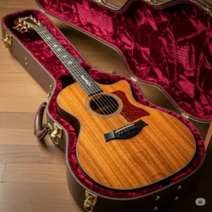 A close-up of the ebony bridge and a white NuBone saddle on the taylor 224 guitar.
