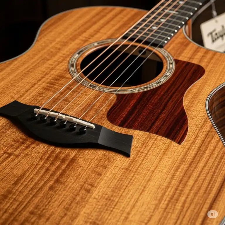 A close-up of a new taylor 224 guitar, showcasing its stunning koa wood finish.