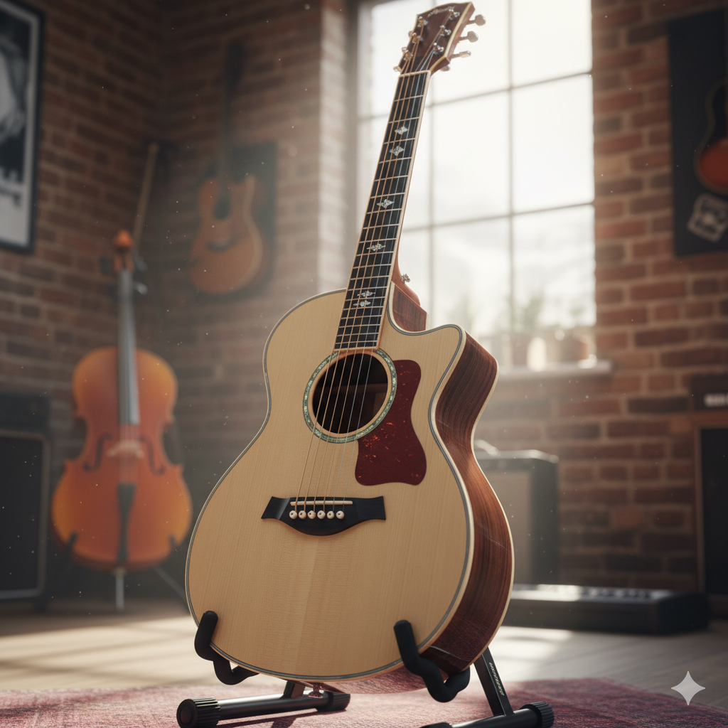 A close-up shot of a beautiful thin body acoustic guitar, showcasing its slim profile and natural wood finish, perfect for comfortable playing and rich tone.