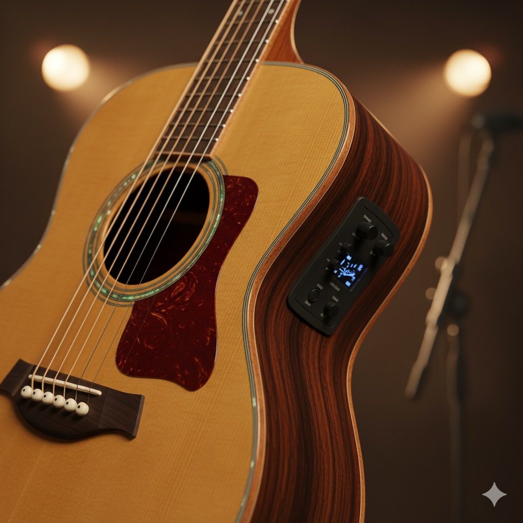 Close-up of a beautiful Alvarez acoustic-electric guitar, showcasing its craftsmanship and detail, perfect for stage and studio.