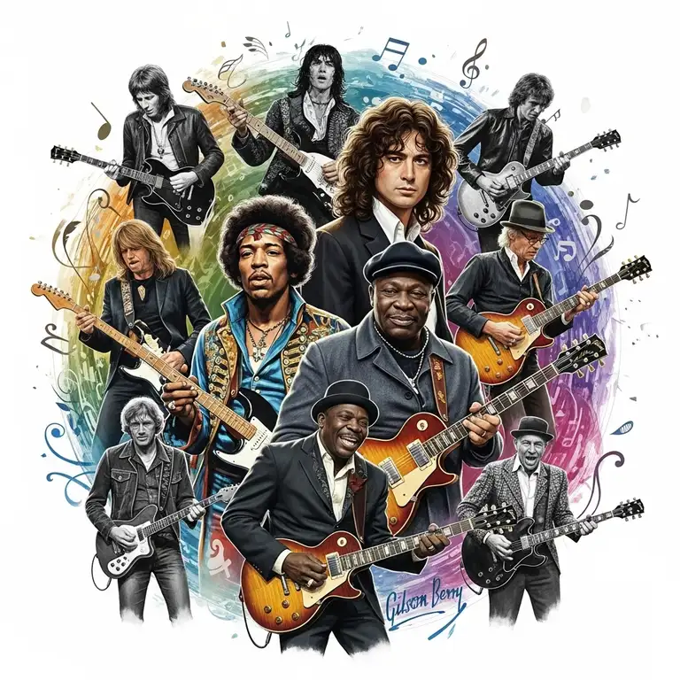 A dynamic collage of the best guitar players of all time, including Jimi Hendrix, Jimmy Page, and B.B. King, with their iconic guitars.