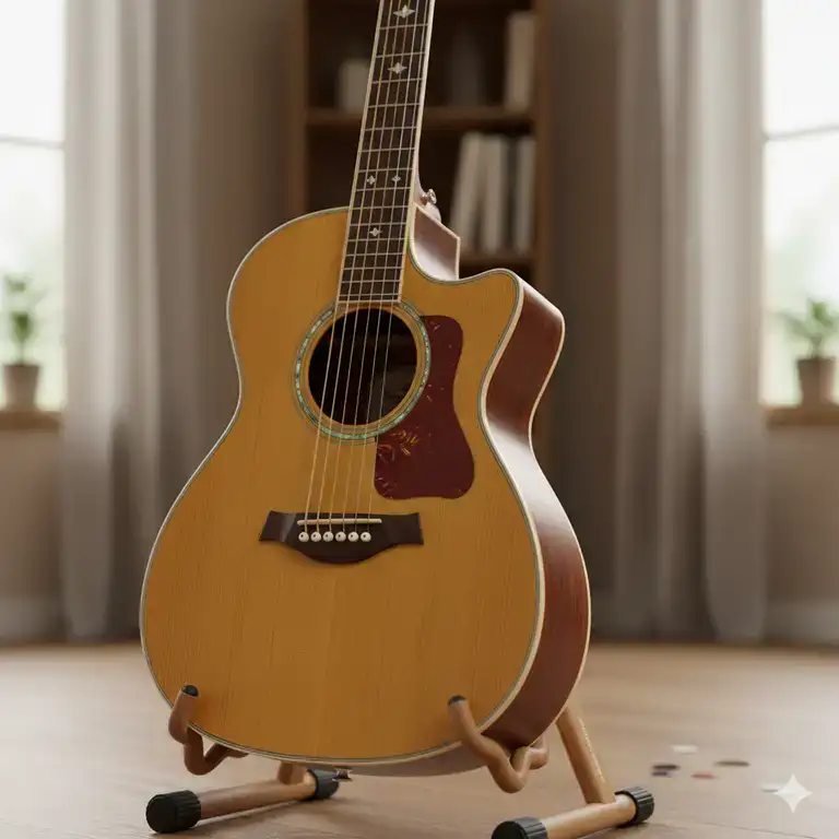 A close-up shot of a beautiful, affordable acoustic guitar resting on a stand, showcasing its craftsmanship and inviting play.