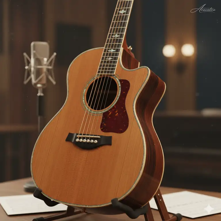 A close-up shot of a beautiful, high-end acoustic guitar on a stand, highlighting its craftsmanship and premium materials, designed to produce the best sounding acoustic guitar.