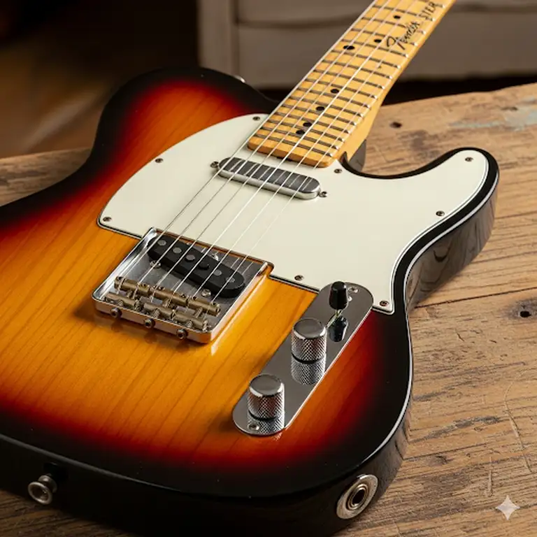 A classic Fender tele guitar in a vintage sunburst finish, showcasing its iconic single-cutaway body and two single-coil pickups.