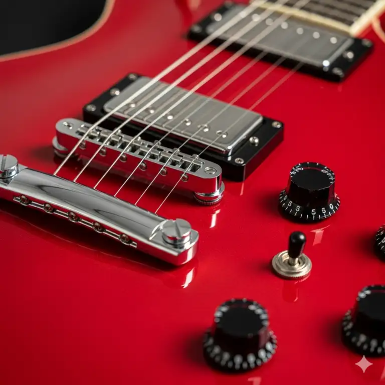 A striking close-up of a glossy red electric guitar, showcasing its vibrant finish and chrome hardware. electric guitar red