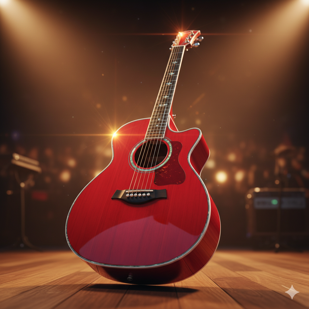 Stunning featured image of a vibrant red acoustic guitar on a wooden stage.