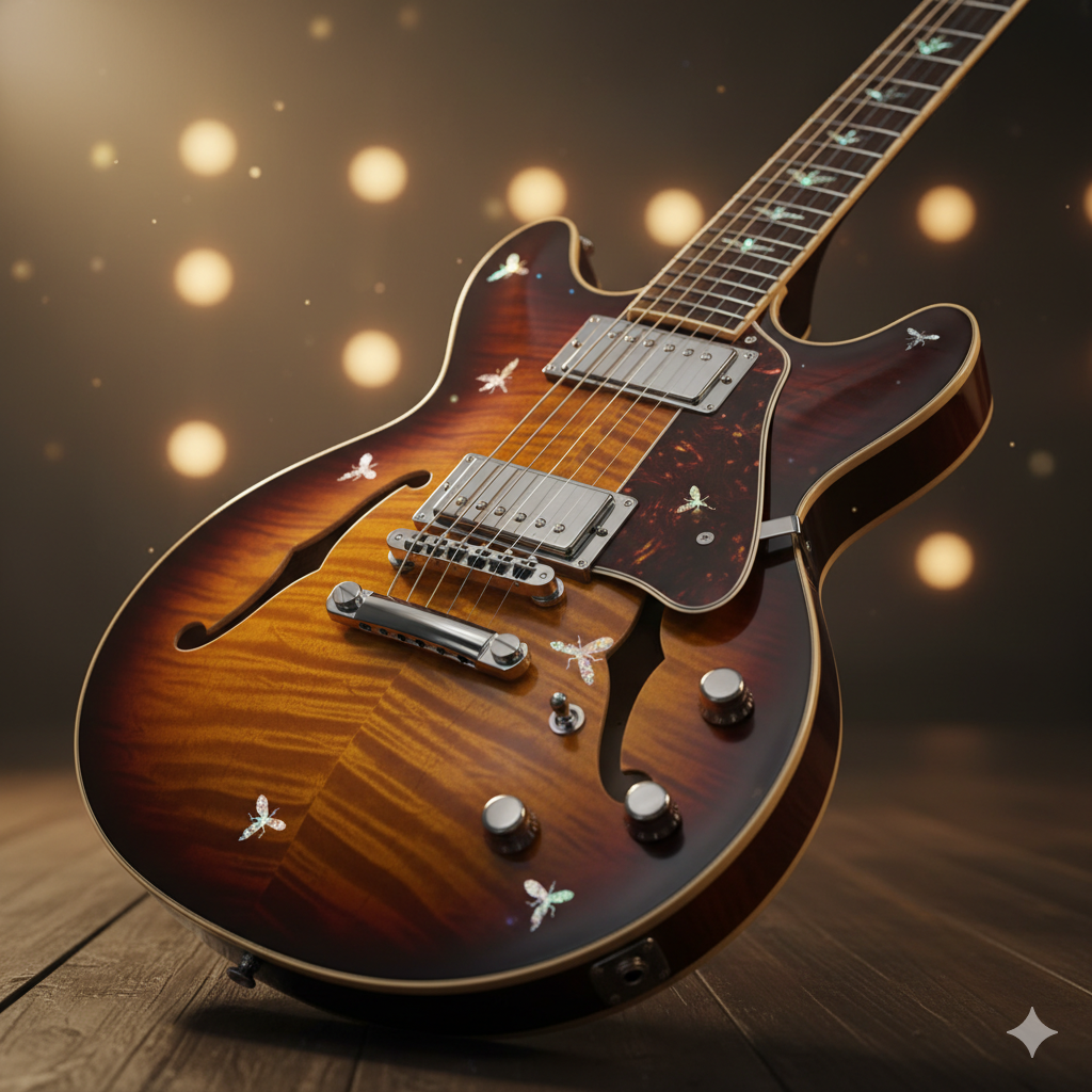A stunning close-up shot of a firefly guitar, highlighting its unique finish and craftsmanship.