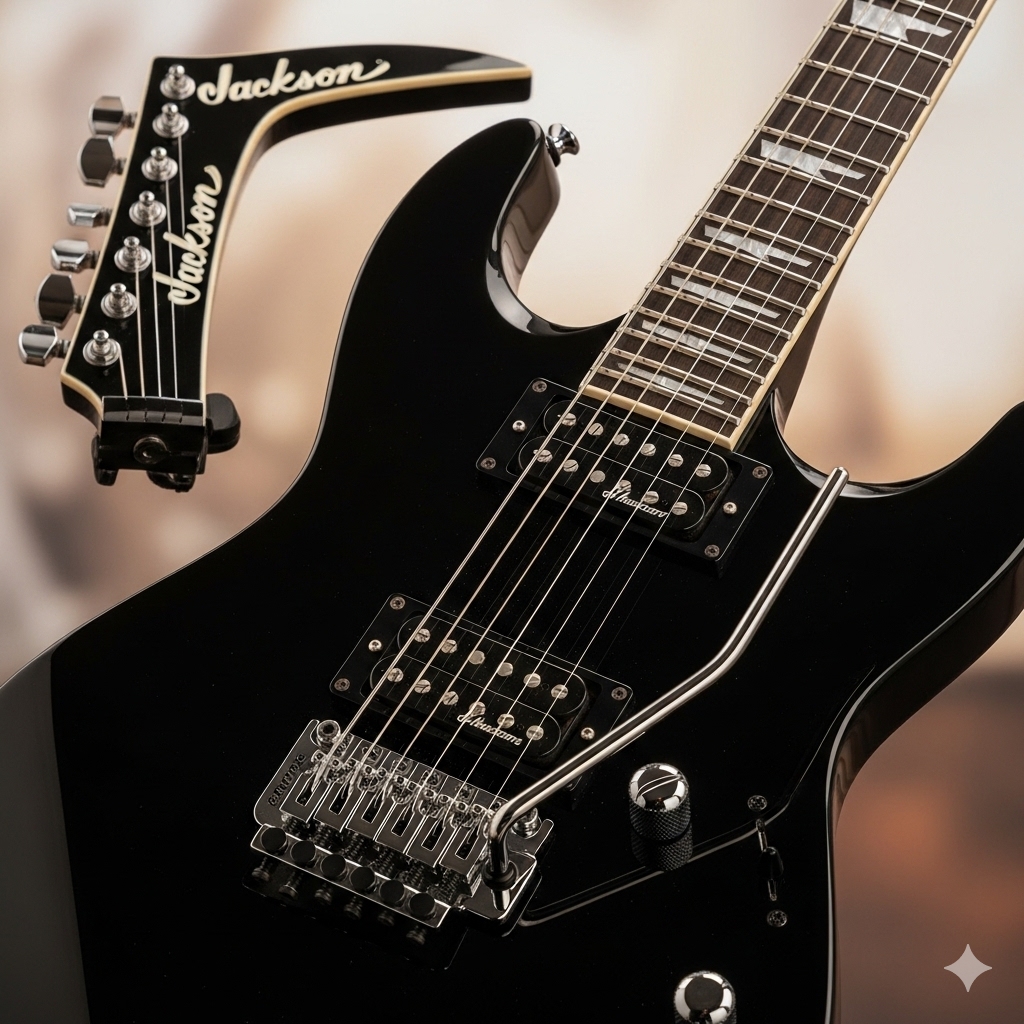 A close-up of the distinctive pointy headstock of a Jackson electric guitar, showcasing the brand's logo and tuning pegs. This iconic design is a hallmark of Jackson guitars, known for their high-performance features.