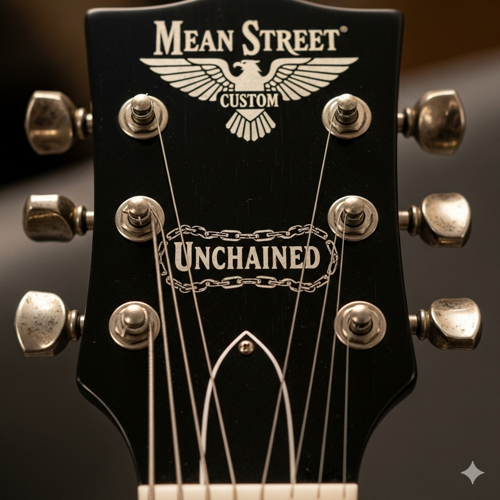 A featured shot of the Mean Street Custom "Unchained" guitar, showcasing its detailed graphic design, sleek body, and high-quality hardware.mean street custom unchained guitar
