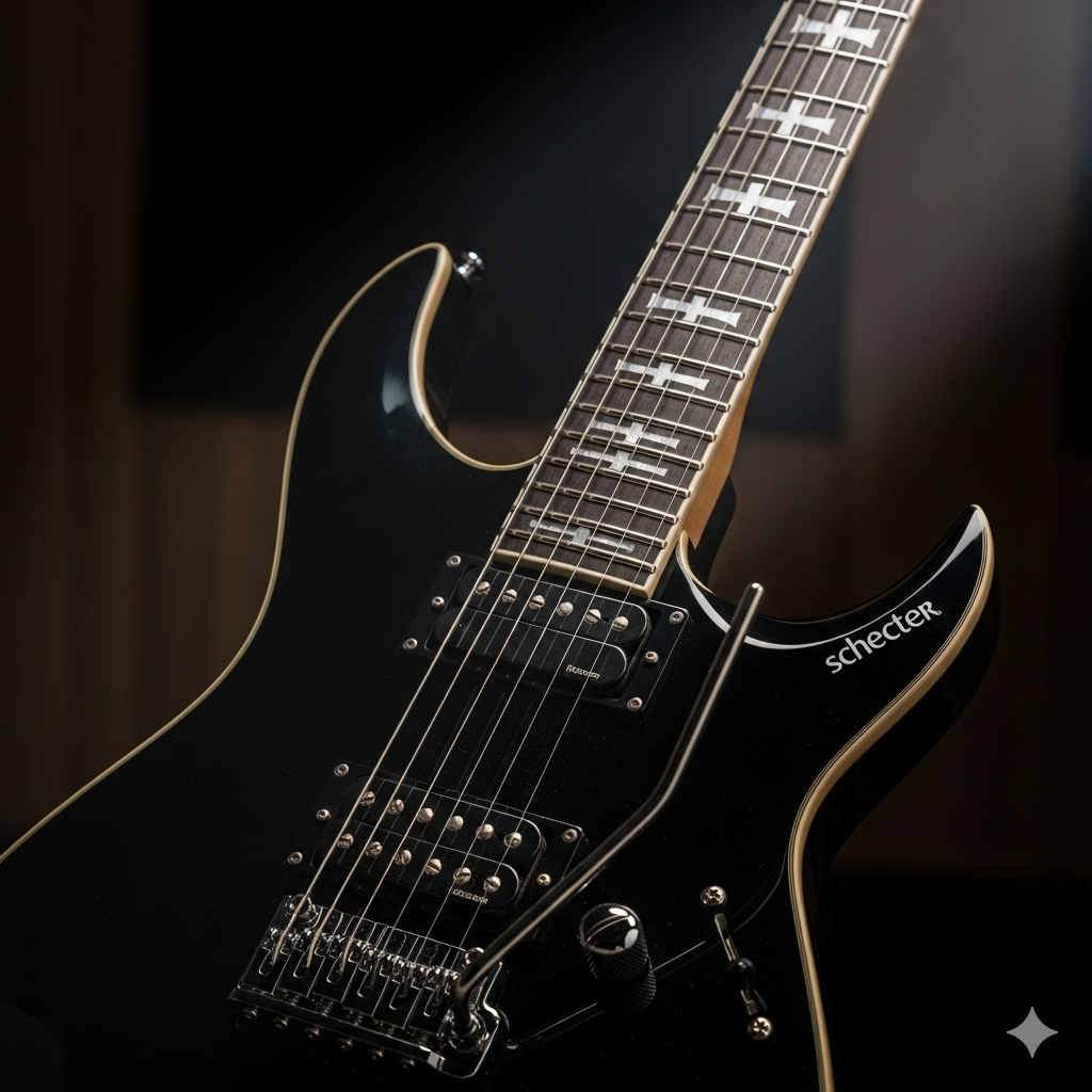 A close-up shot of a Schecter Diamond Series guitar in a dark studio setting, highlighting its sleek body, detailed fretboard inlays, and chrome hardware.