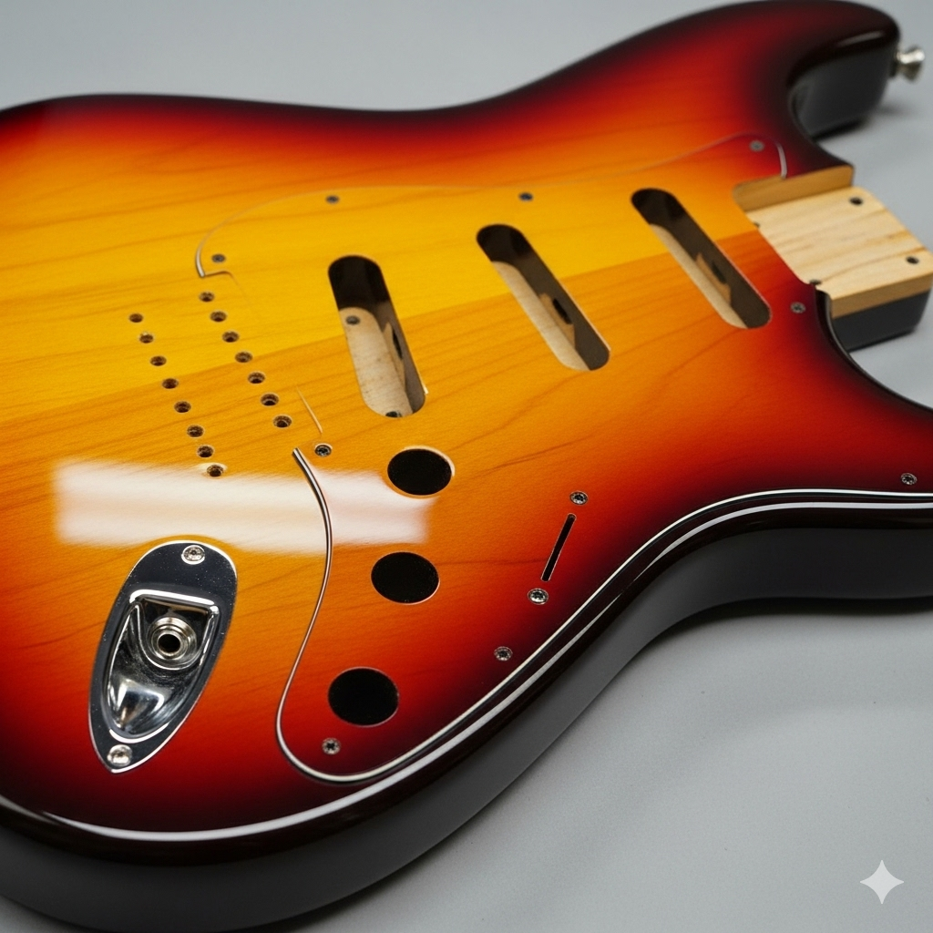 A close-up view of a glossy, sunburst finish Stratocaster guitar body, highlighting its iconic double-cutaway design and contoured shape.