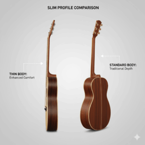 A visual comparison highlighting the sleek, slim profile of a thin body acoustic guitar next to a standard dreadnought, emphasizing its comfortable design.
