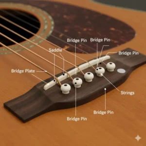 Detailed illustration of an acoustic guitar bridge, highlighting the saddle and the bridge pins that secure the strings. 