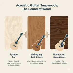 An infographic illustrating various wood types used in acoustic guitars (spruce, mahogany, rosewood) and their impact on achieving the best sounding acoustic guitar. 