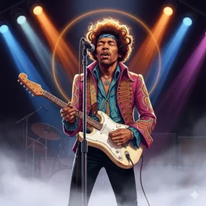 An illustration of legendary guitarist Jimi Hendrix, one of the best guitar players of all time, with his Fender Stratocaster, playing on a misty, color-lit stage.