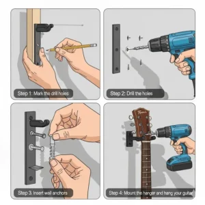 Step-by-step installation guide for a guitar wall mount with clear instructions and a drill.