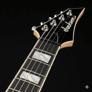 A sleek, black Jackson Soloist electric guitar, highlighting its neck-thru-body construction and Floyd Rose tremolo system, a favorite among shred Jackson guitarists.