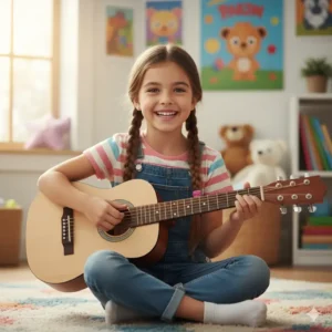 A child smiling while playing a small guitar, perfect for young learners.