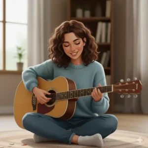 A happy musician strumming a best inexpensive acoustic guitar, demonstrating the joy and ease of playing a quality budget instrument.