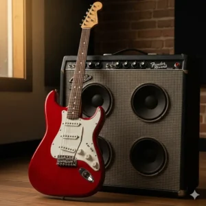 A full-body shot of a classic red electric guitar, a Fender Stratocaster model, leaning against a vintage amplifier.