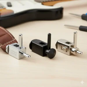  A visual comparison of different types of guitar strap locks, including Schaller, Dunlop, and Ernie Ball.