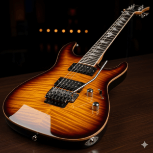 The Schecter C-1 FR, a popular model from the Schecter Diamond Series guitar, featuring a Floyd Rose tremolo system and a striking flame maple top.