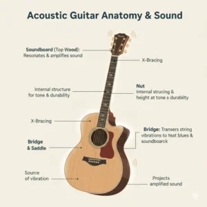 A diagram highlighting key components of an acoustic guitar (soundboard, bracing, bridge) that contribute to its overall sound, helping musicians understand what makes a best sounding acoustic guitar. 