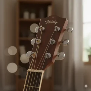 Detail of an acoustic guitar's headstock, highlighting the reliable tuners essential for keeping a best inexpensive acoustic guitar in perfect pitch.