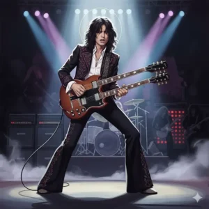 Illustration of Jimmy Page of Led Zeppelin, a top guitarist and one of the best guitar players of all time, playing his double-neck guitar on stage.