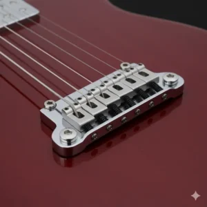 An electric guitar with a fixed guitar bridge, showing the individual saddles for each string, which allow for precise intonation adjustments.