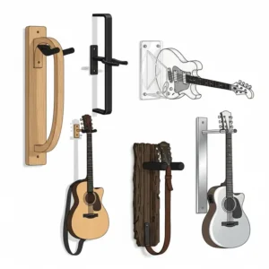 Different types of guitar wall mounts, including various styles and finishes like wood, metal, and acrylic. 
