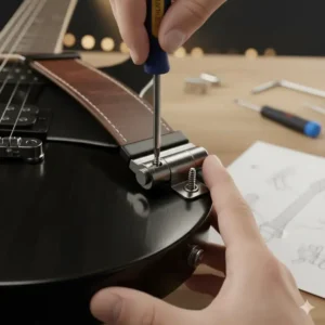 Step-by-step process of installing guitar strap locks on a guitar, showing a user attaching the pin to the guitar body. 