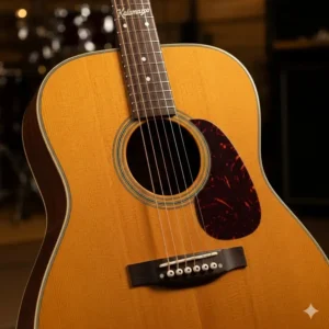 An acoustic Kalamazoo guitar, showing its classic dreadnought body shape and natural wood finish, popular for folk and country music.