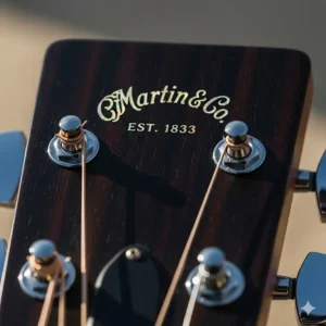 Close-up of the Martin Guitars logo on the headstock of a guitar 