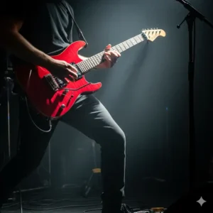 A musician playing a red electric guitar on a dimly lit stage with a spotlight on the instrument.