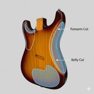 A diagram illustrating the specific comfort contours of a Stratocaster guitar body, including the forearm and belly cuts.