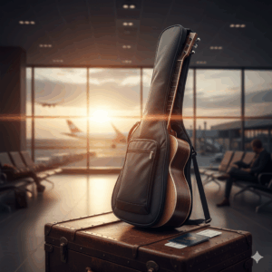 A musician playing a thin body acoustic guitar on stage under spotlights, demonstrating its ease of handling and excellent amplified sound for live performances.